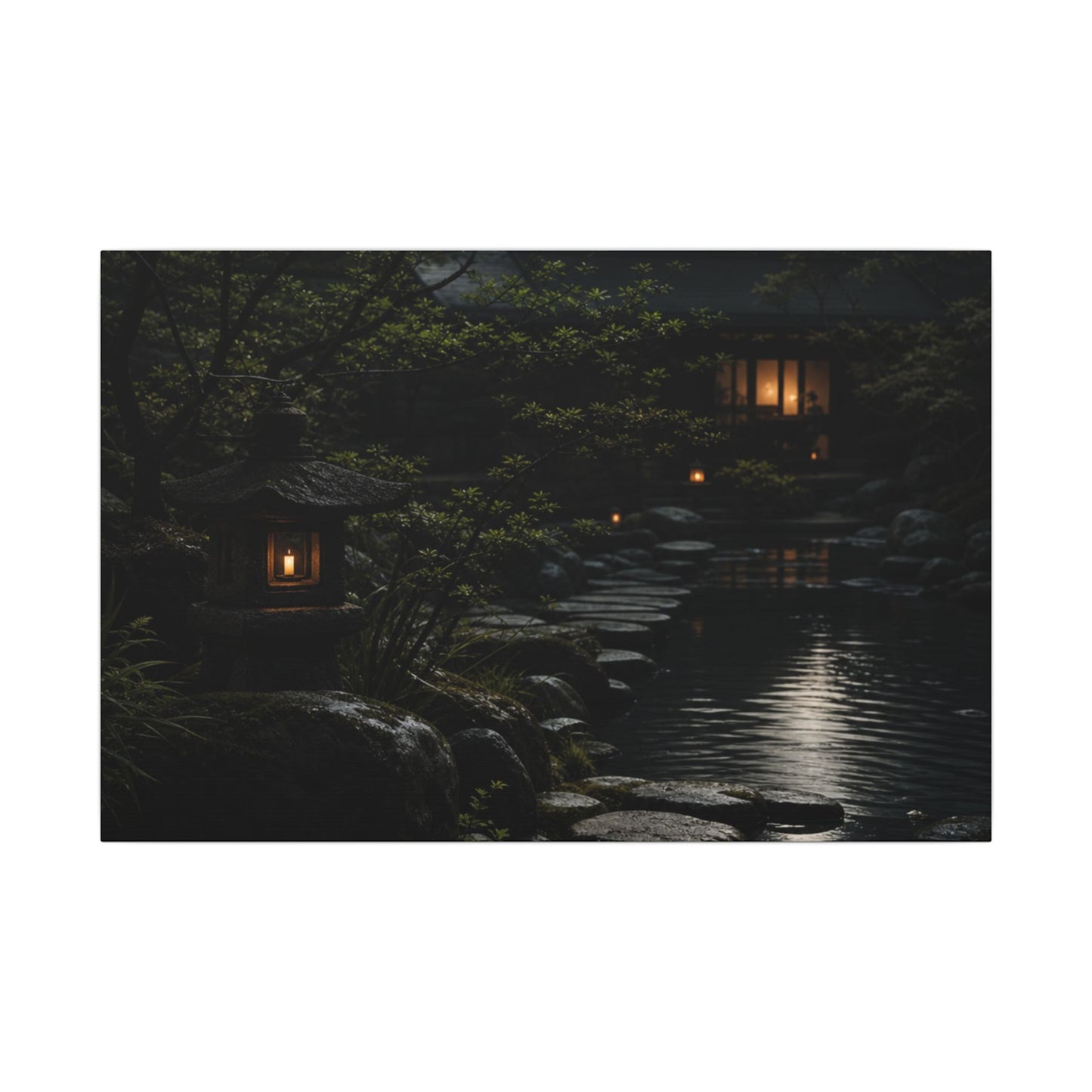Moonlit Garden Shadow Zen Canvas Art | Sophisticated Dark Japandi Art