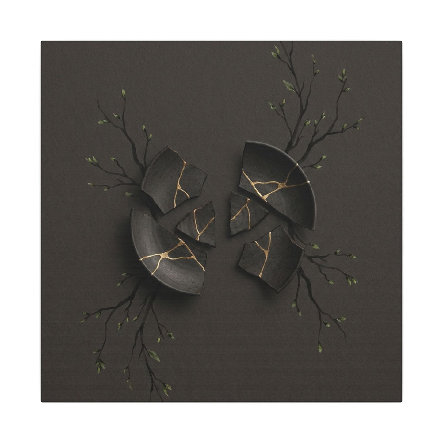 Sophisticated Broken Pottery Canvas Art - Charcoal Ink Dark Japandi