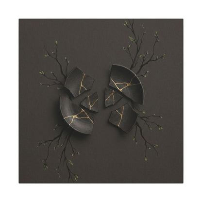 Sophisticated Broken Pottery Canvas Art - Charcoal Ink Dark Japandi