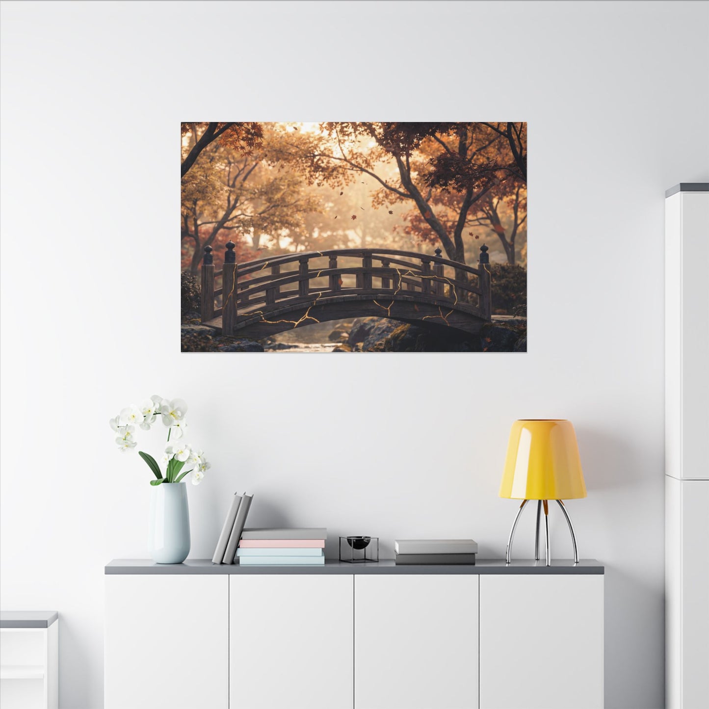Autumn Wooden Bridge Gold Vein Canvas Art | Resilient Decor