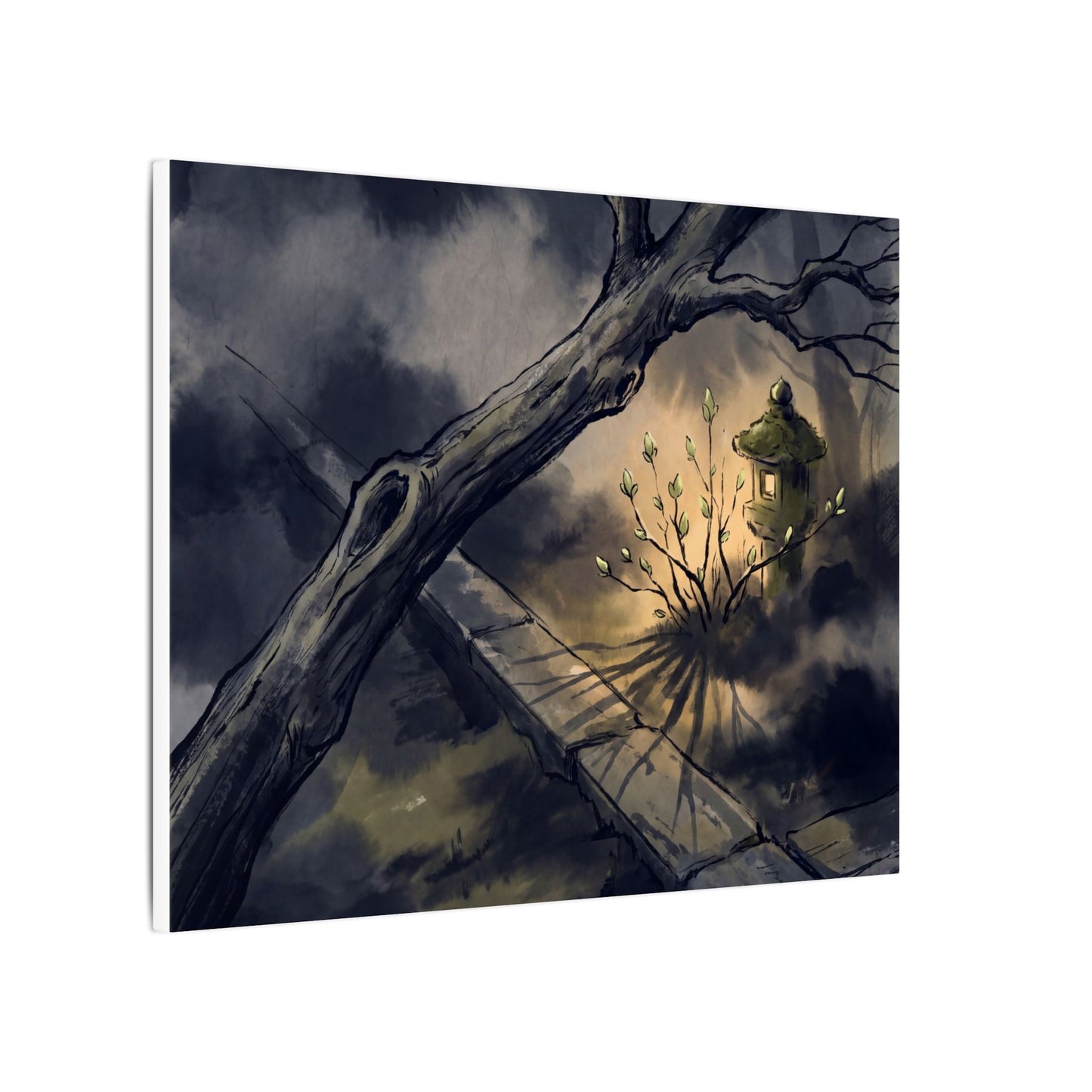 Dark Japandi Moonlit Garden in Golden Hour | Charcoal Ink Canvas Art