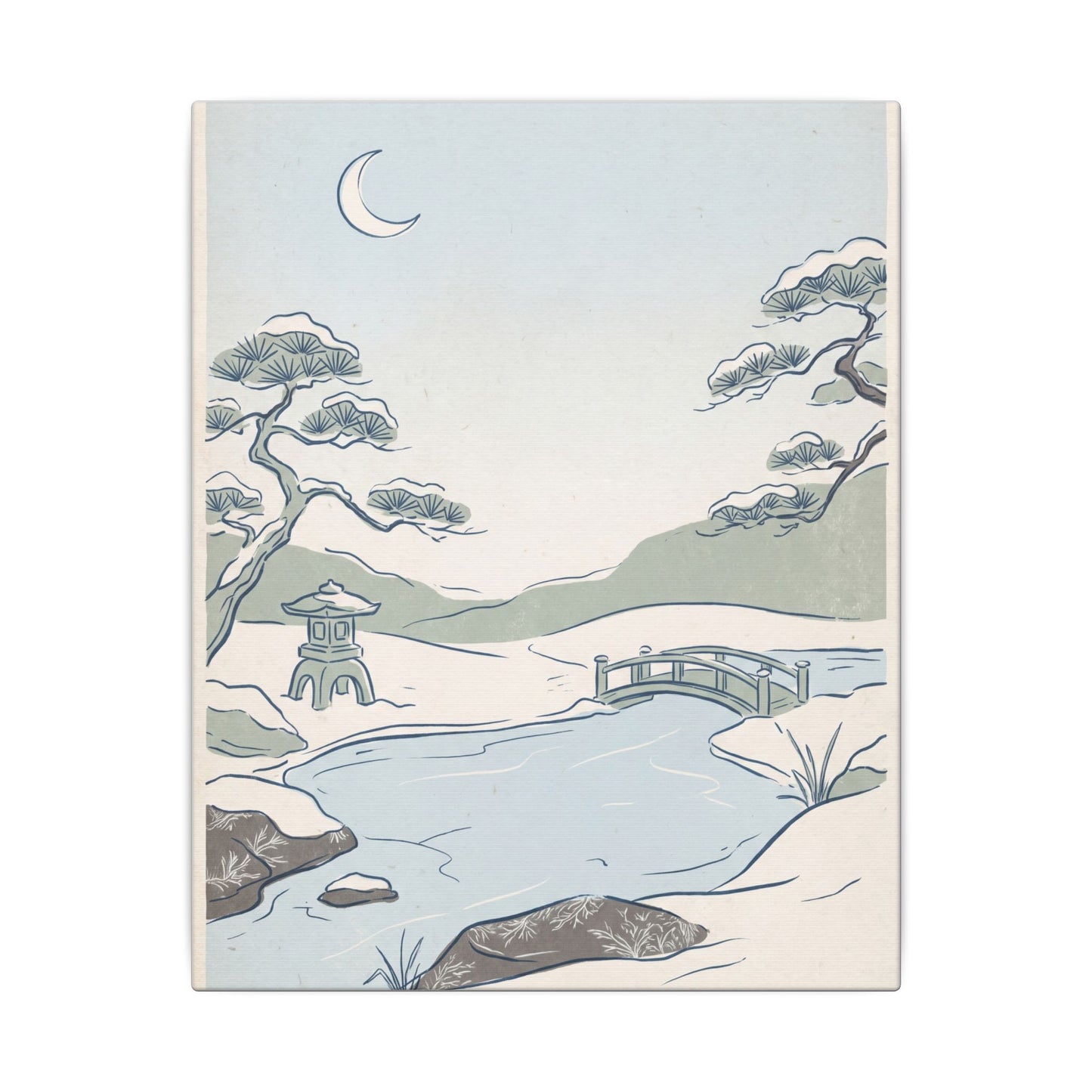 Japandi Moonlit Garden in Moonlight | Minimal Line Canvas Art