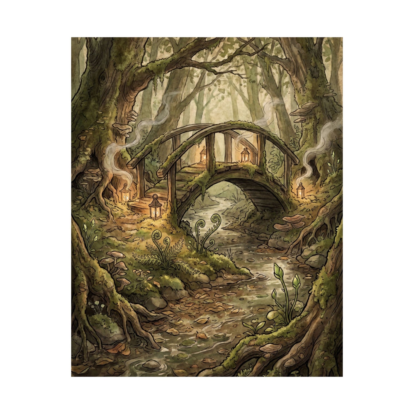 Spring Wooden Bridge Forest Whimsy Wall Art Print | Rustic Decor