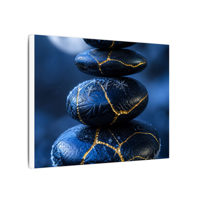 River Stones Canvas Art | Winter Kintsugi Gold Repair Art