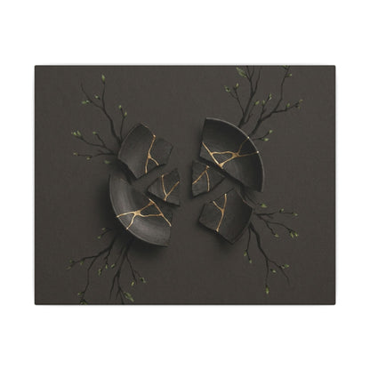 Sophisticated Broken Pottery Canvas Art - Charcoal Ink Dark Japandi