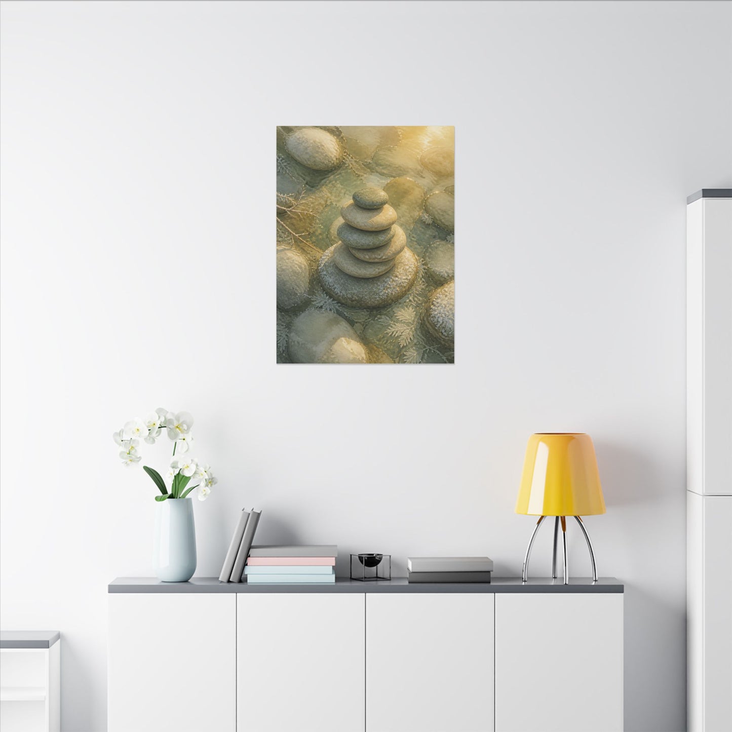River Stones Watercolor Canvas Art | Elegant Japandi Art