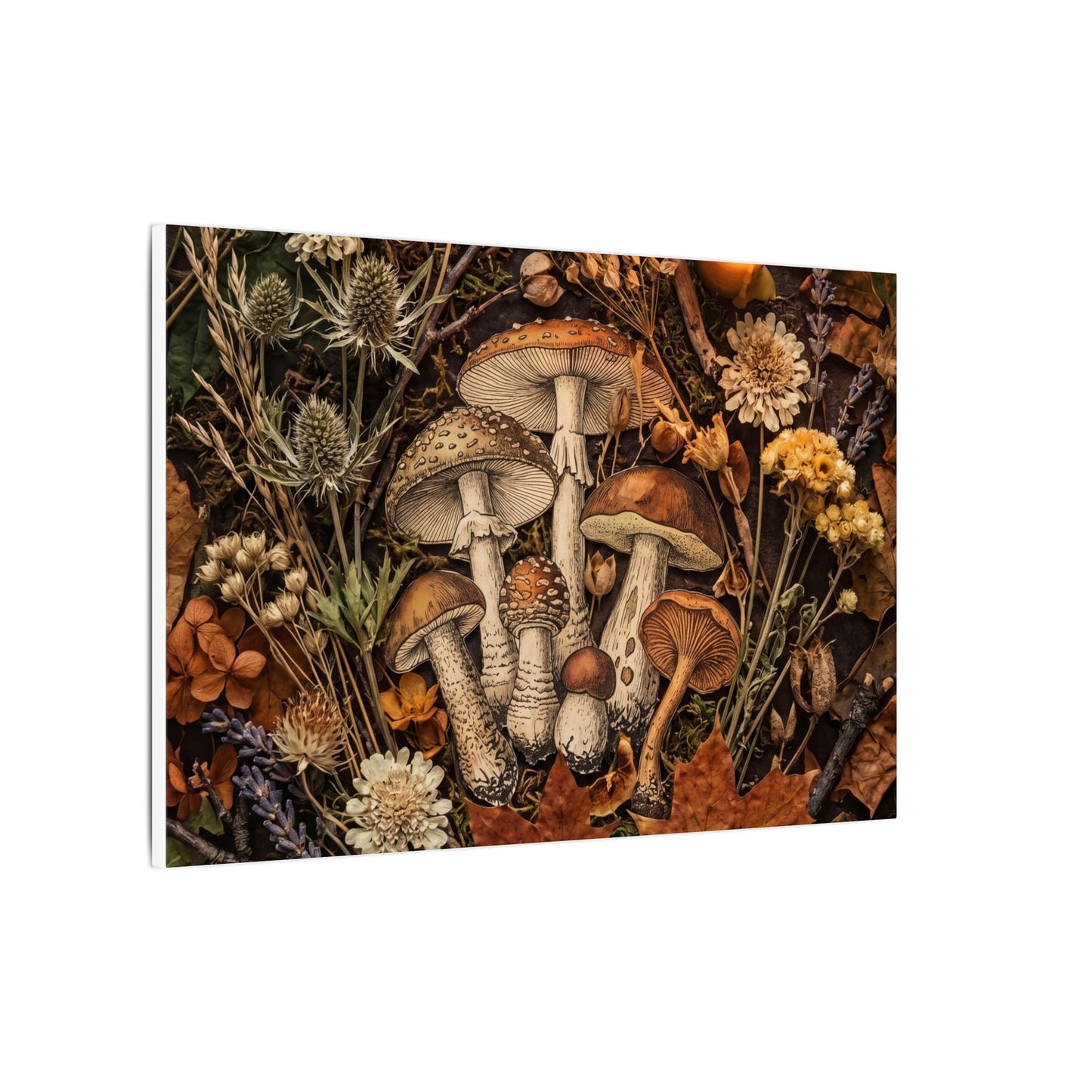 Autumn Dried Flowers Mushroom Illustration Canvas Art | Earthy Decor