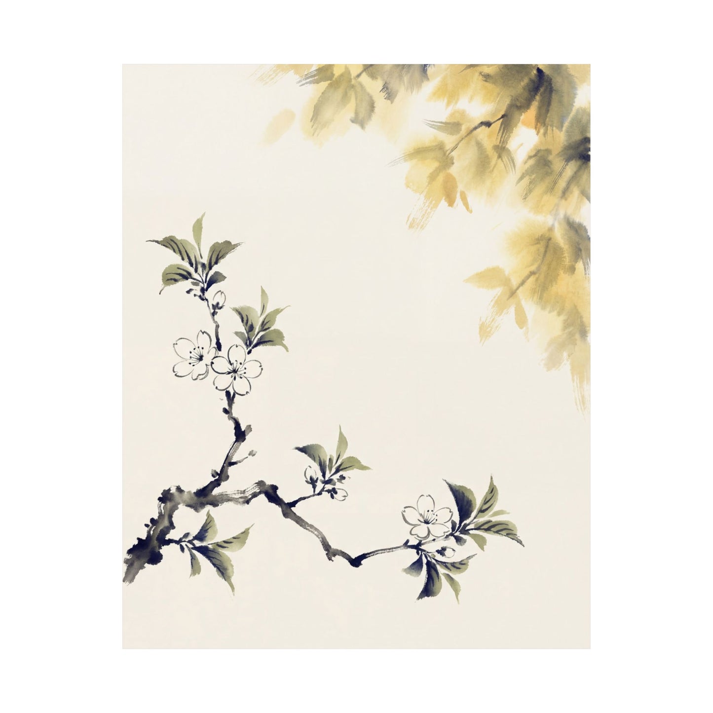 Zen Cherry Blossom in Golden Hour | Sumi E Wall Art Print