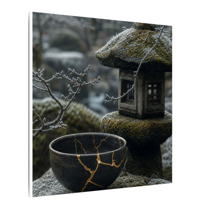 Stone Lantern Canvas Art | Winter Kintsugi Gold Repair Art
