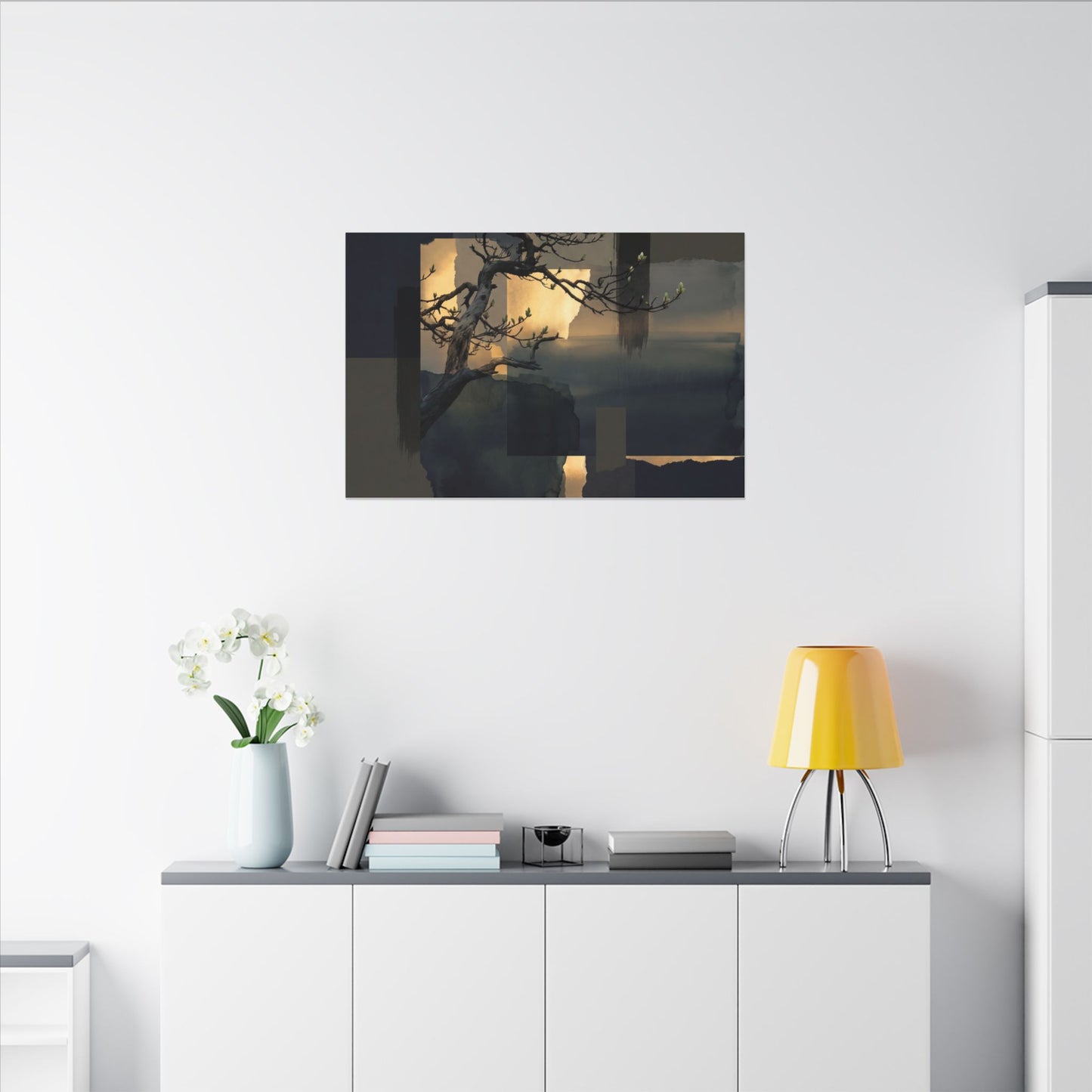 Golden Hour Pine Tree Canvas Art - Dark Japandi Kanso