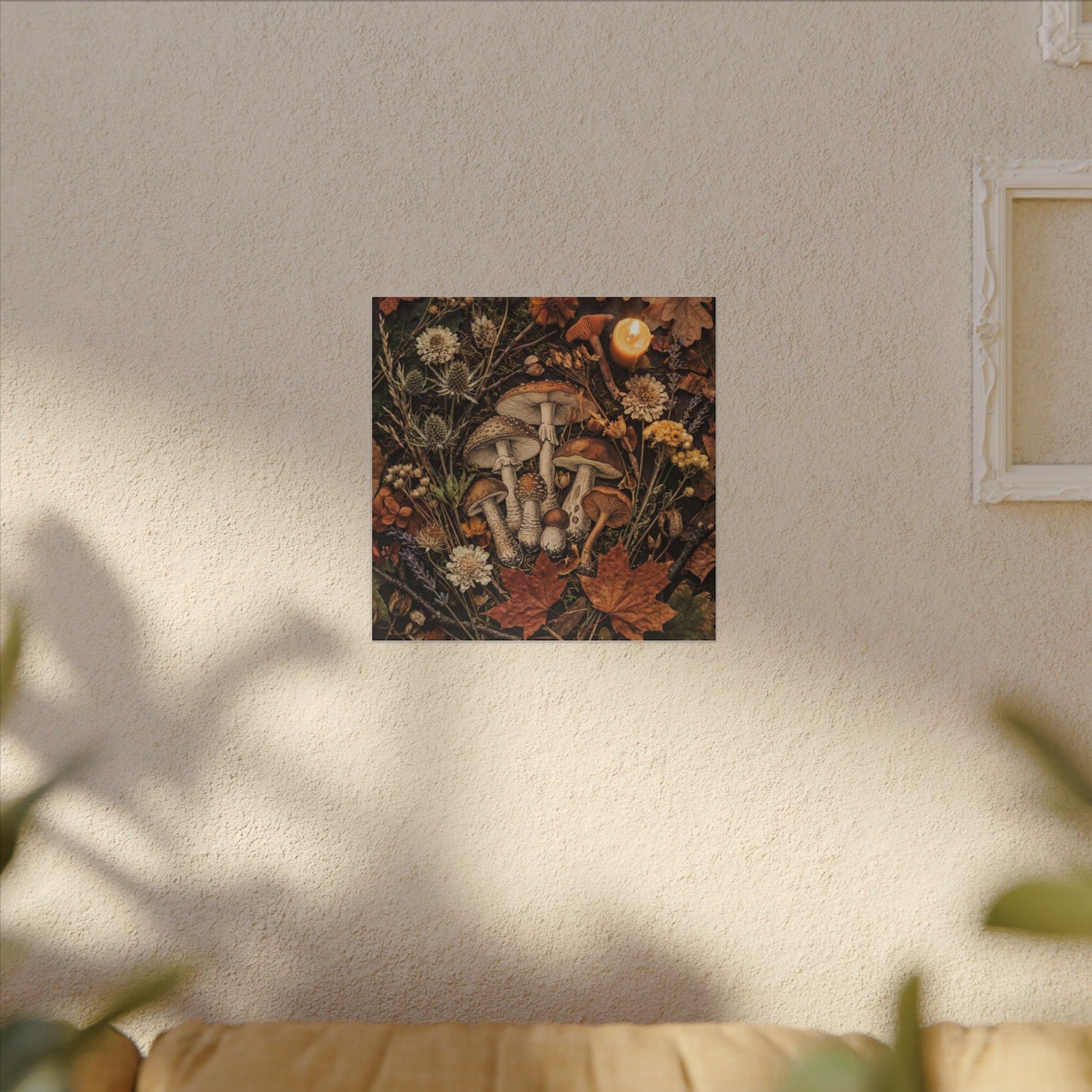 Autumn Dried Flowers Mushroom Illustration Canvas Art | Earthy Decor