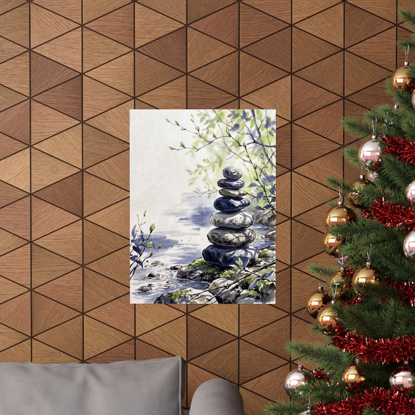 Zen River Stones in Dappled | Sumi E Wall Art Print