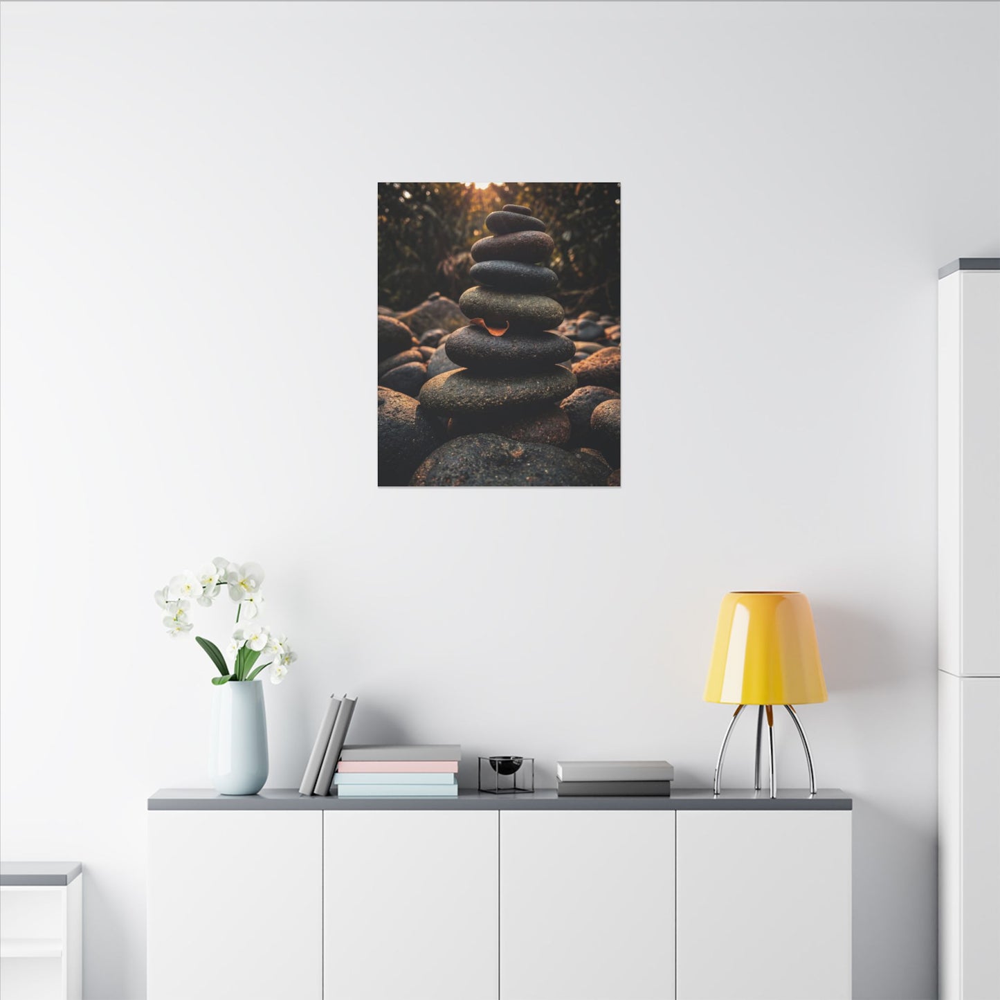 Dark Japandi River Stones in Golden Hour | Moody Minimal Canvas Art
