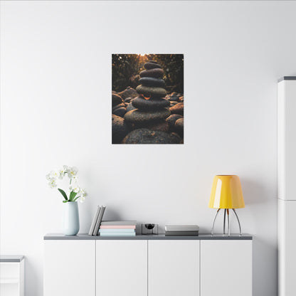 Dark Japandi River Stones in Golden Hour | Moody Minimal Canvas Art