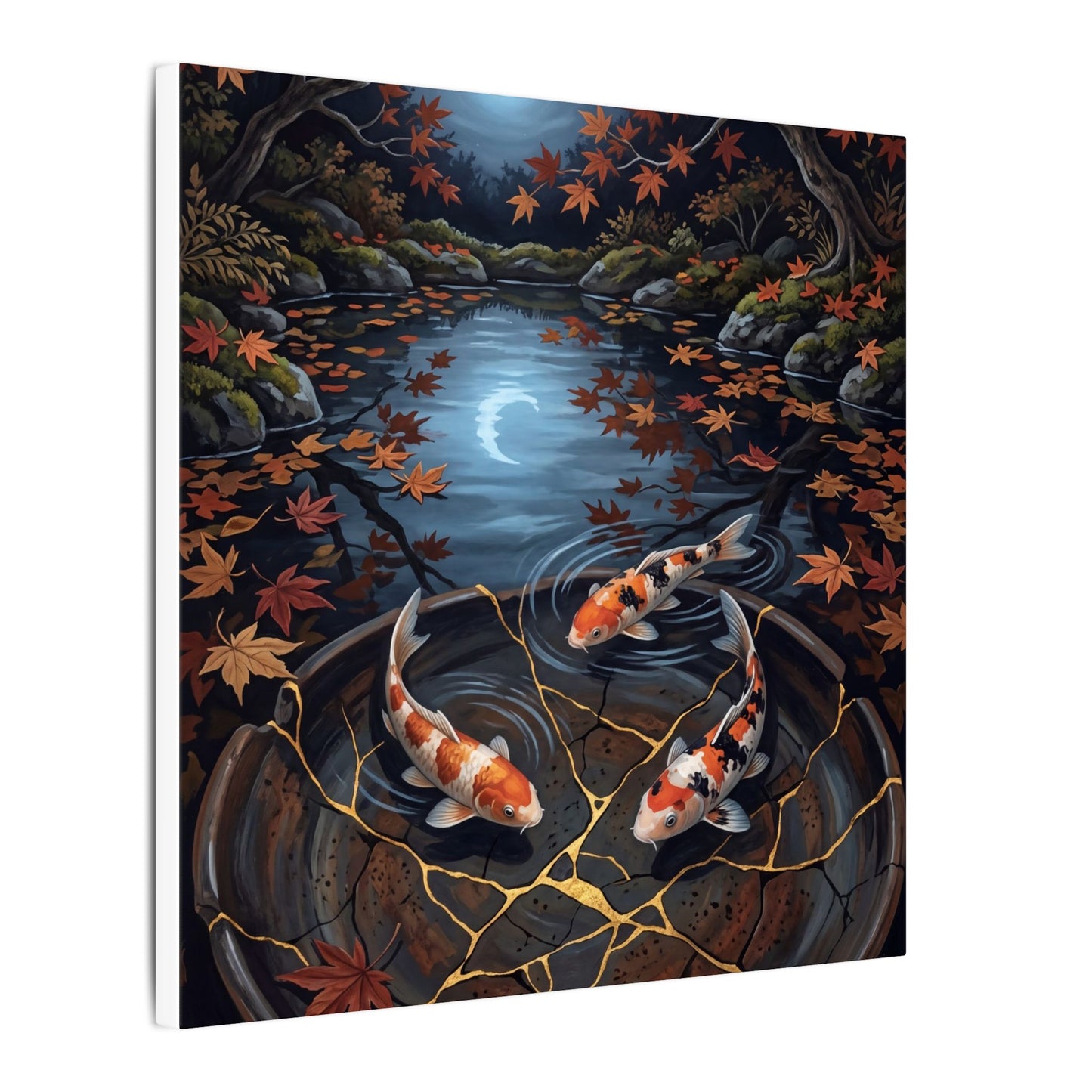Koi Pond Canvas Art | Autumn Kintsugi Gold Repair Art
