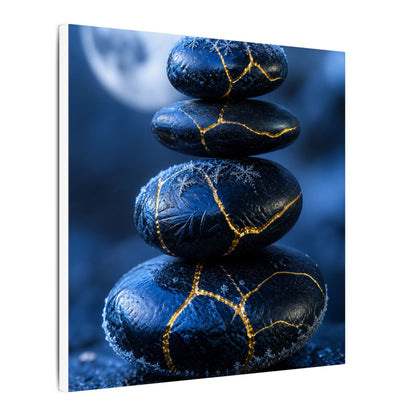 River Stones Canvas Art | Winter Kintsugi Gold Repair Art