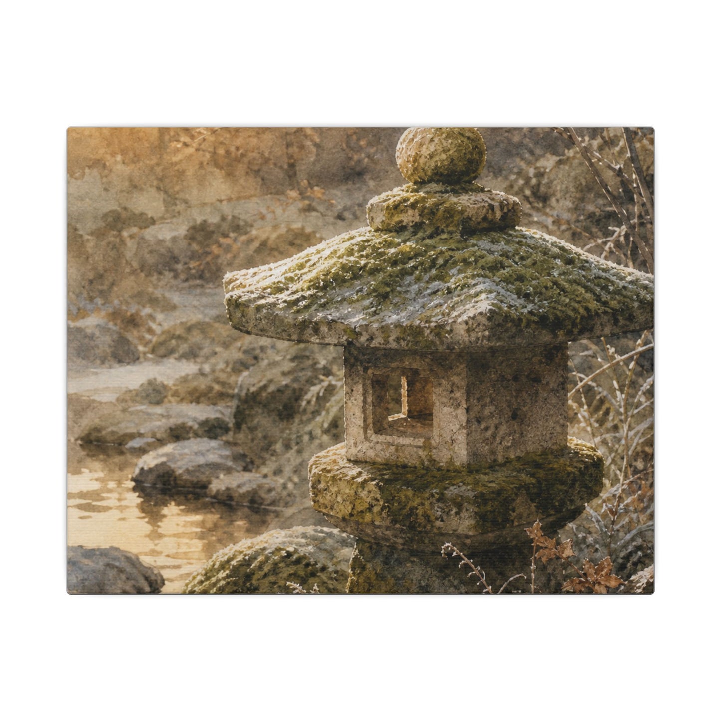 Winter Stone Lantern Watercolor Canvas Art | Earthy Decor