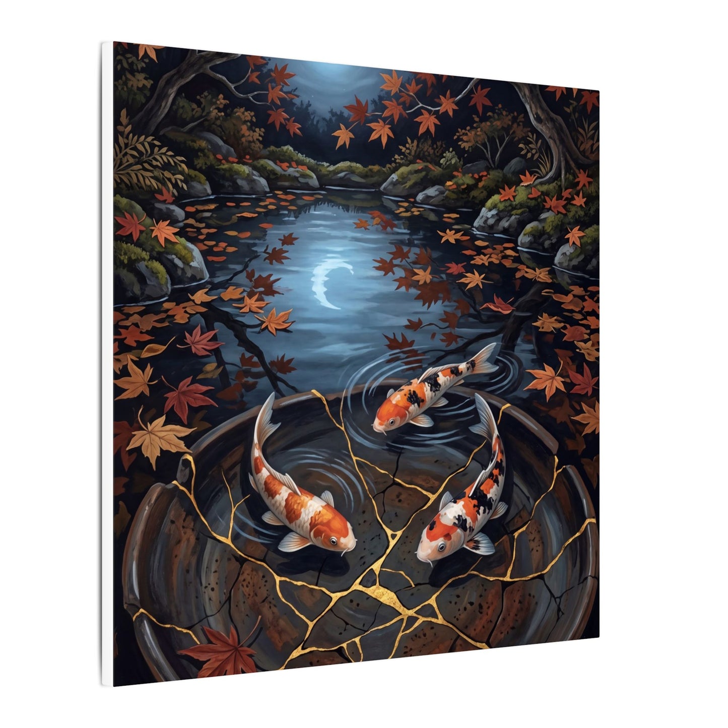 Koi Pond Canvas Art | Autumn Kintsugi Gold Repair Art