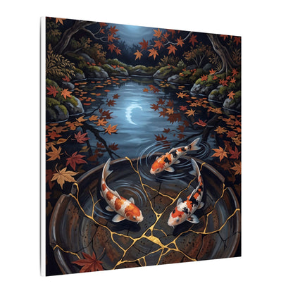 Koi Pond Canvas Art | Autumn Kintsugi Gold Repair Art
