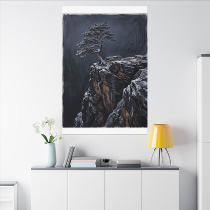 Dark Japandi Pine Tree in Dawn | Dark Texture Canvas Art