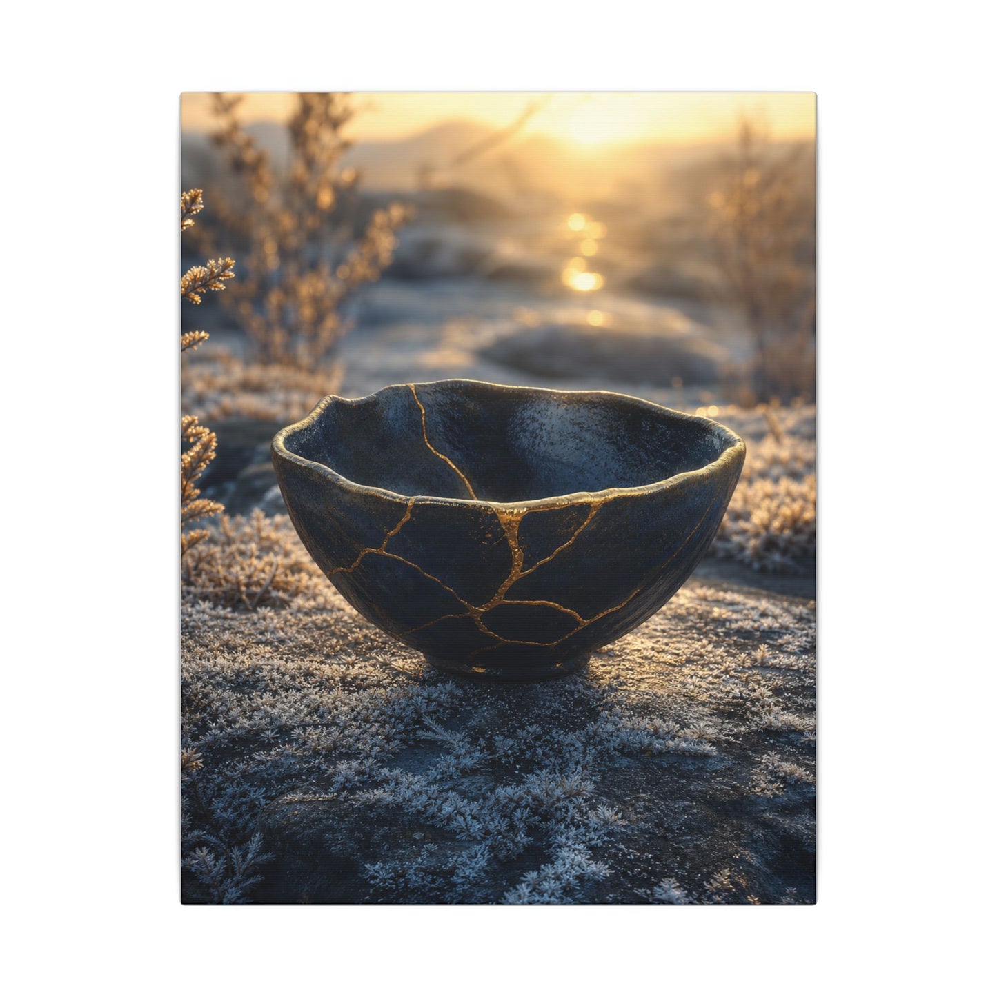 Ceramic Bowl Canvas Art | Winter Kintsugi Gold Repair Art