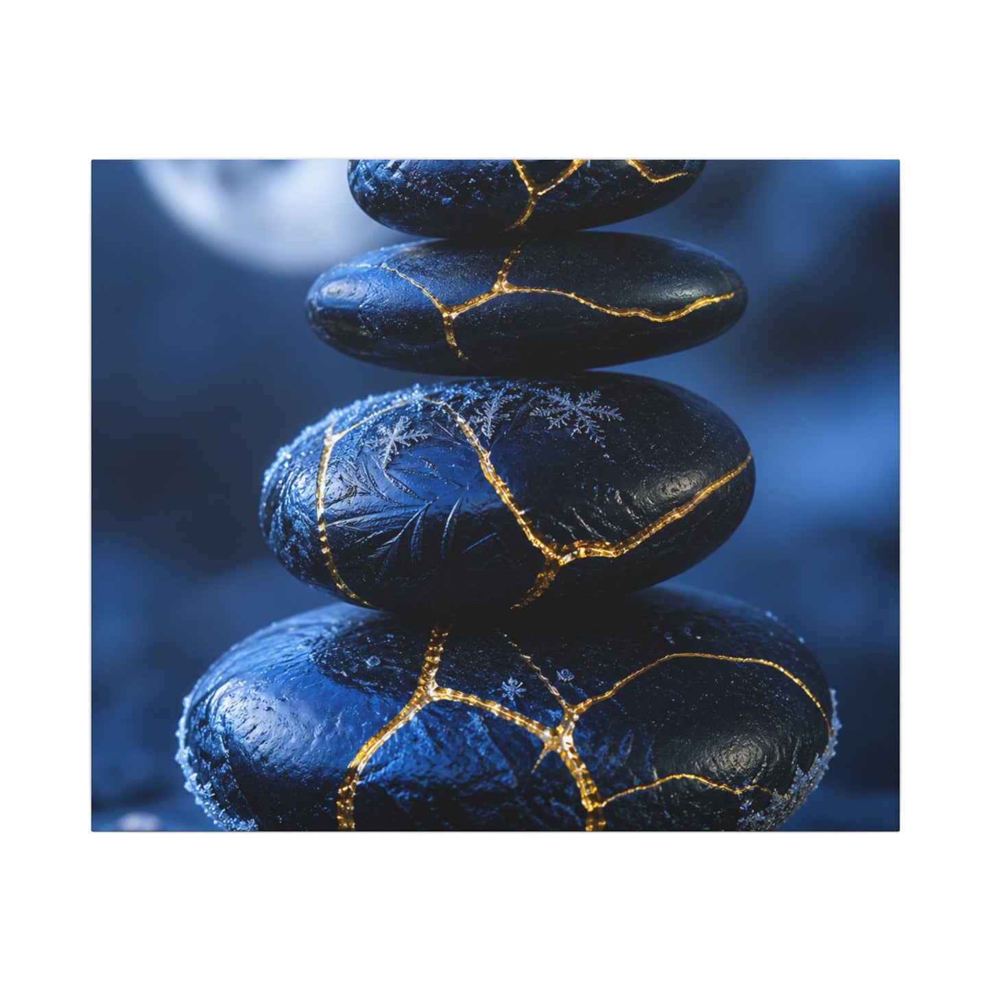 River Stones Canvas Art | Winter Kintsugi Gold Repair Art