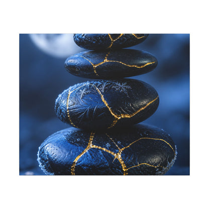 River Stones Canvas Art | Winter Kintsugi Gold Repair Art