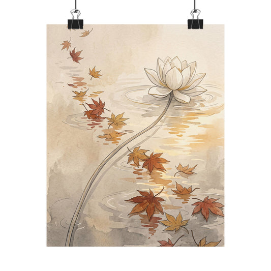 Japandi Lotus Flower in Golden Hour | Minimal Line Wall Art Print