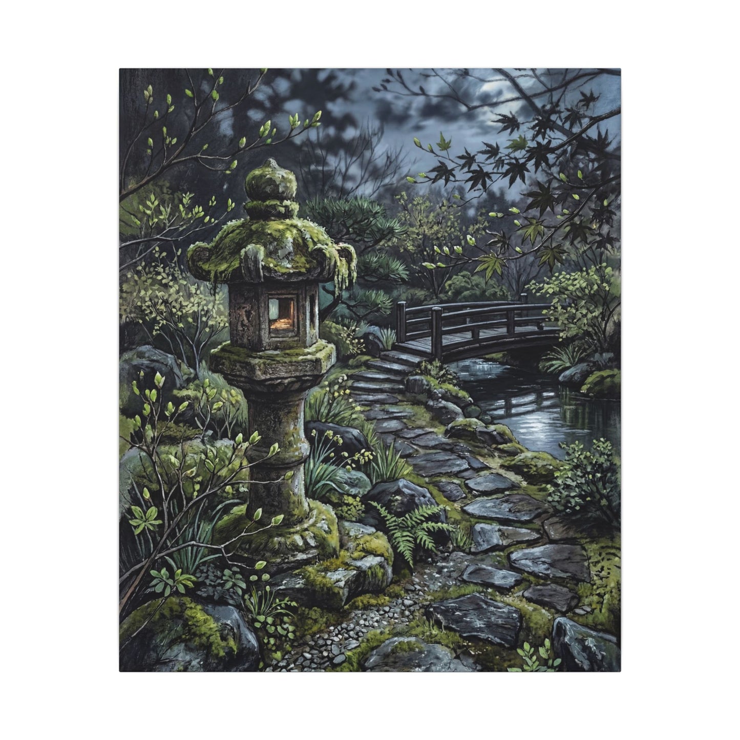 Japandi Stone Lantern in Moonlight | Texture Canvas Art