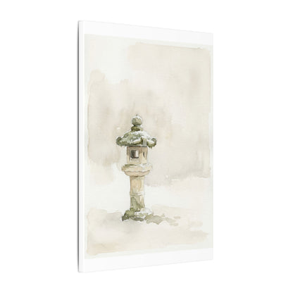 Stone Lantern Winter Canvas Art | Japandi Earthy Design
