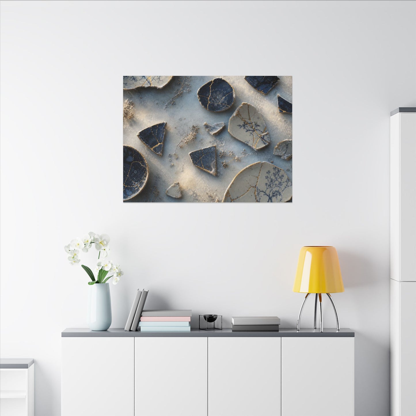Broken Pottery Canvas Art | Winter Kintsugi Gold Vein Art