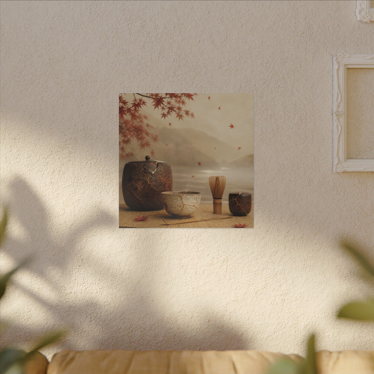 Tea Ceremony Canvas Art | Autumn Kintsugi Gold Vein Art
