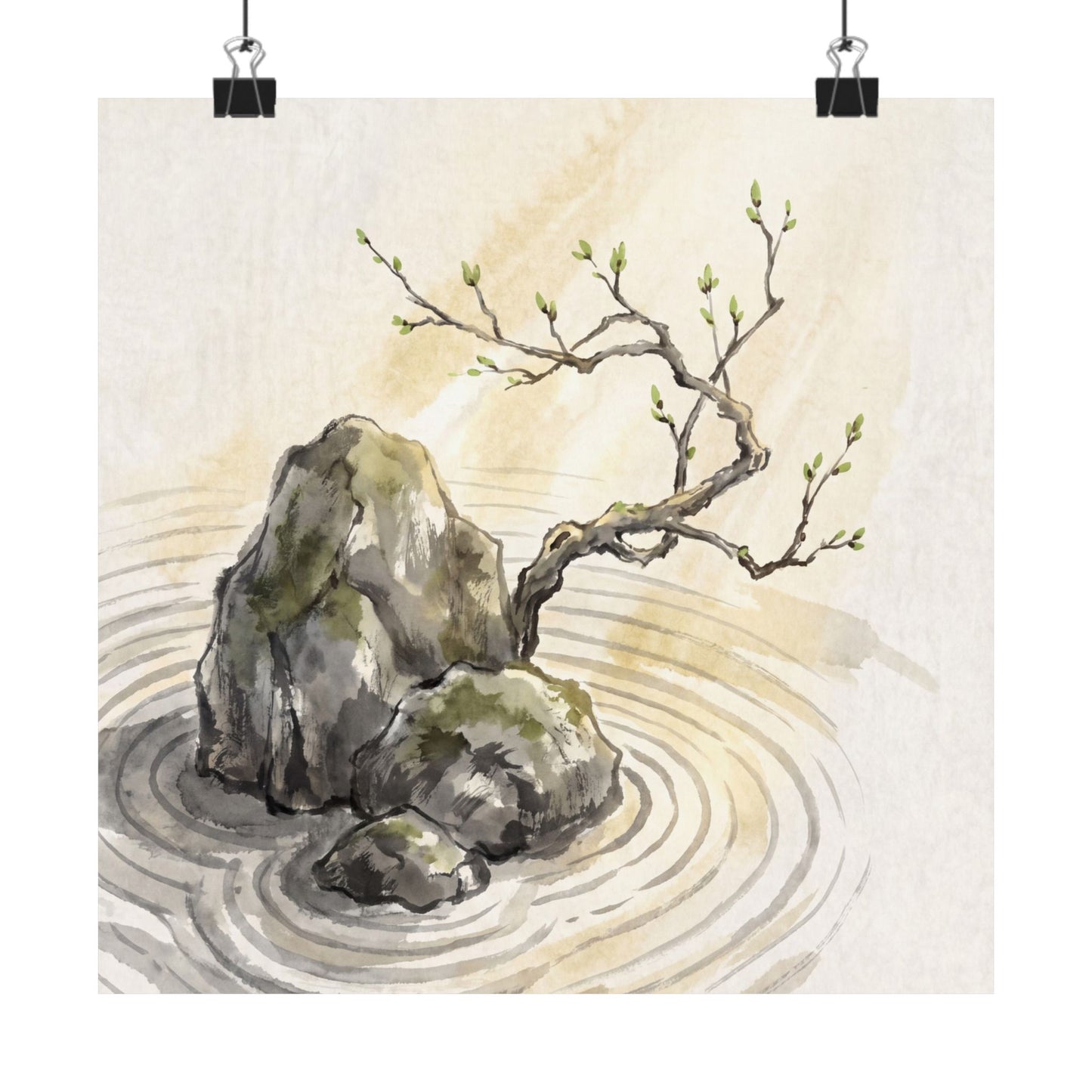 Zen Rock Garden in Golden Hour | Sumi E Wall Art Print Art Print
