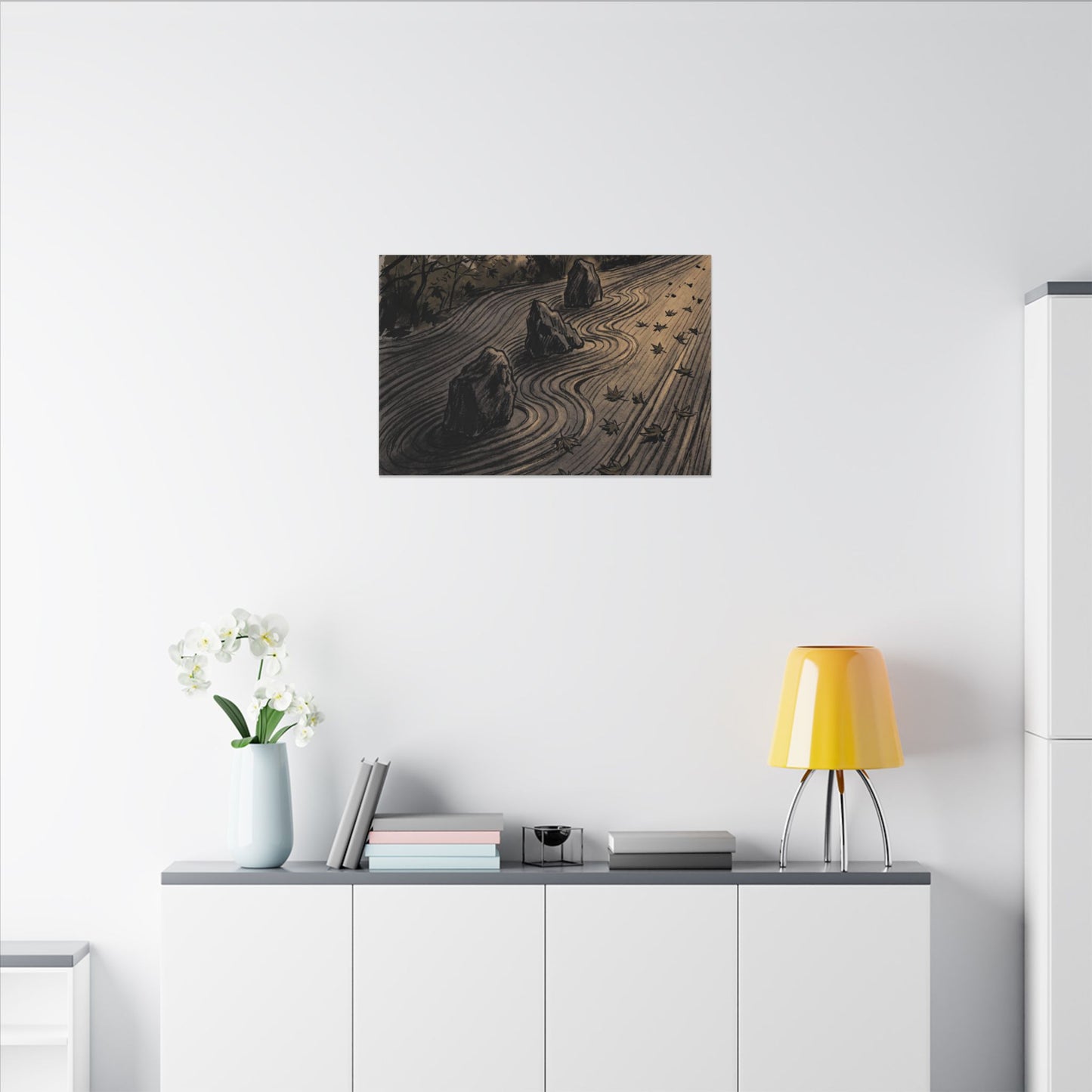 Rock Garden Canvas Art | Autumn Dark Japandi Charcoal Ink Art