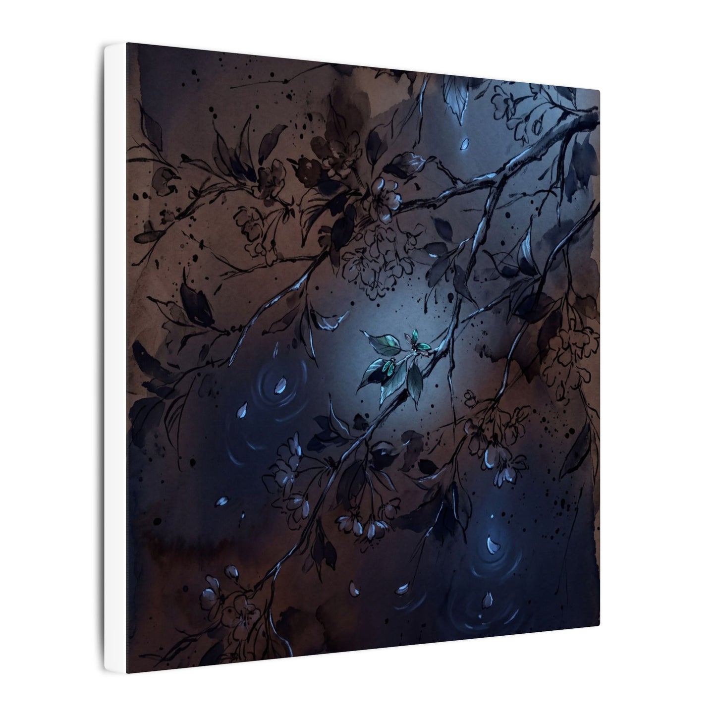 Bold Cherry Blossom Canvas Art - Charcoal Ink Dark Japandi