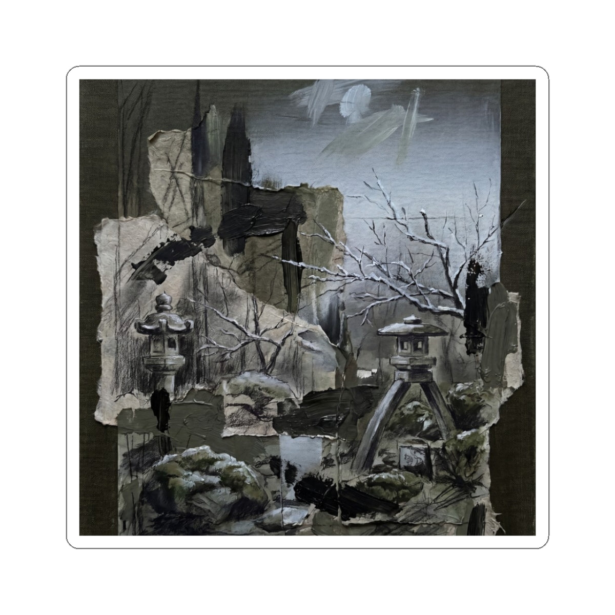 Moonlit Garden Sticker | Winter Dark Japandi Dark Texture Art