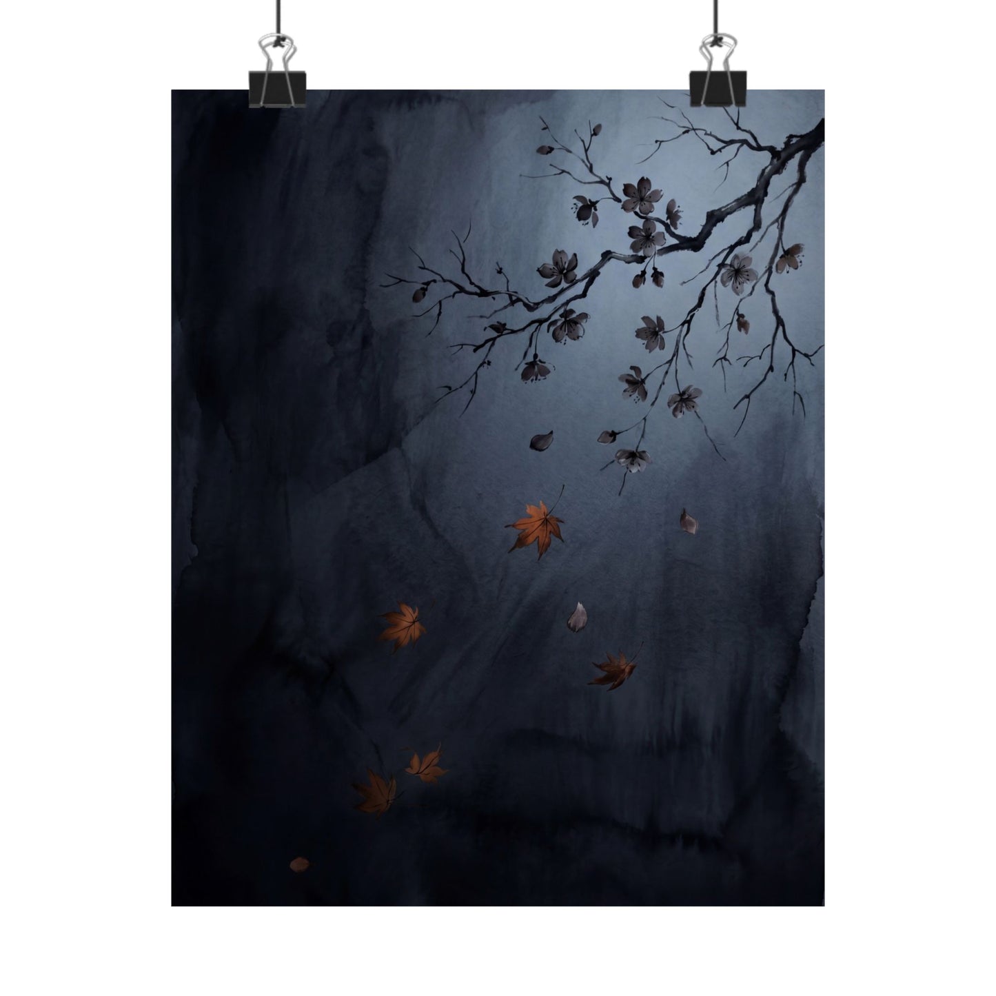 Moonlight Cherry Blossom Wall Art Print - Dark Japandi Ma