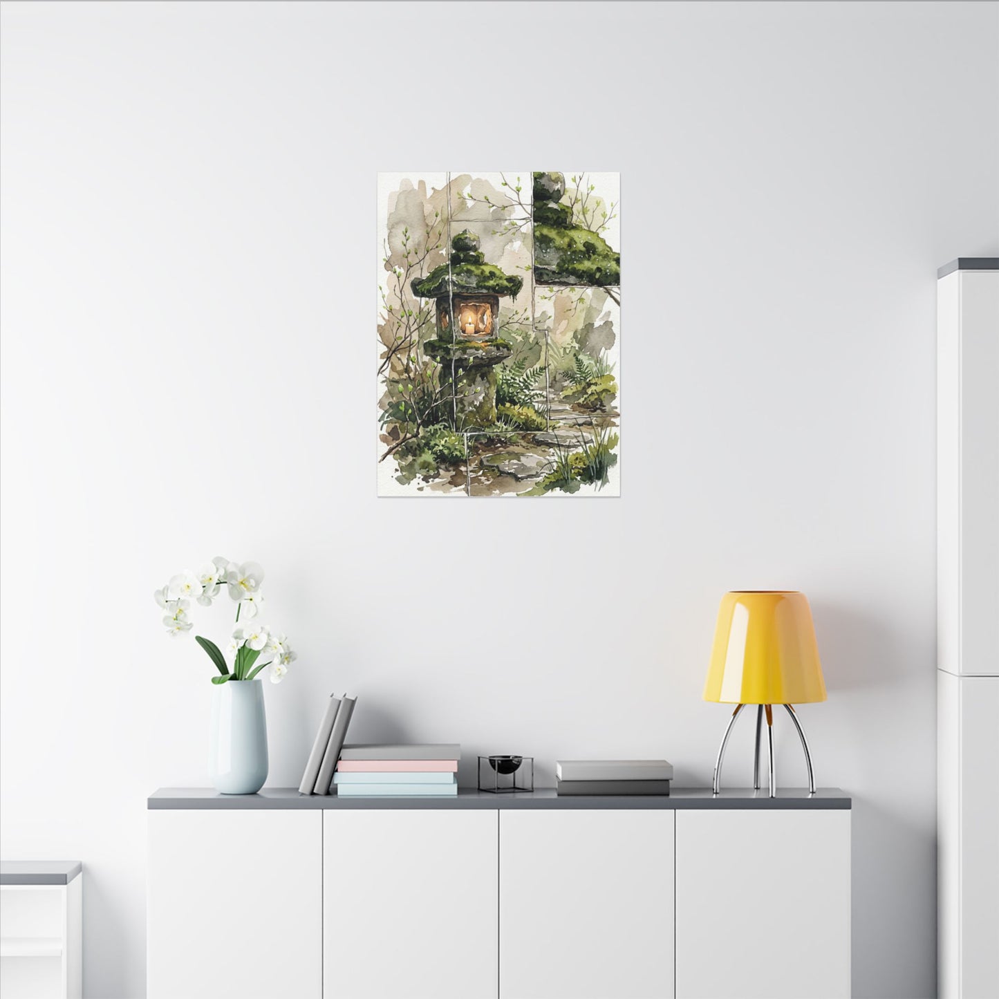 Stone Lantern Watercolor Canvas Art | Elegant Japandi Art
