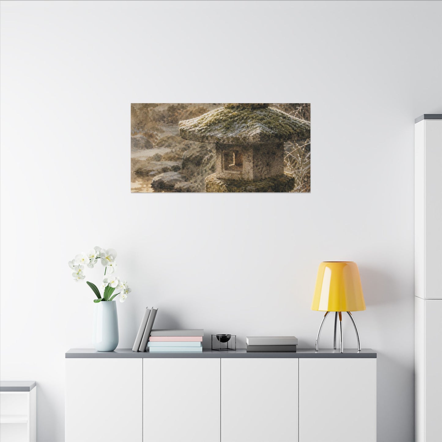 Winter Stone Lantern Watercolor Canvas Art | Earthy Decor