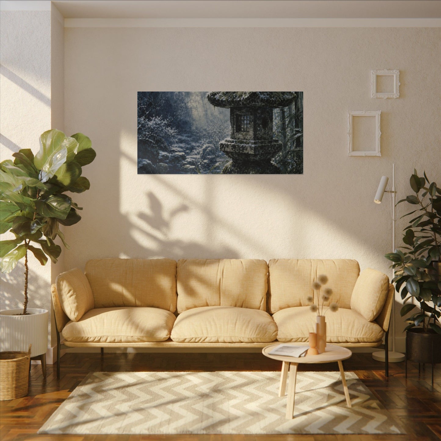 Zen Stone Lantern in Dappled | Sumi E Canvas Art
