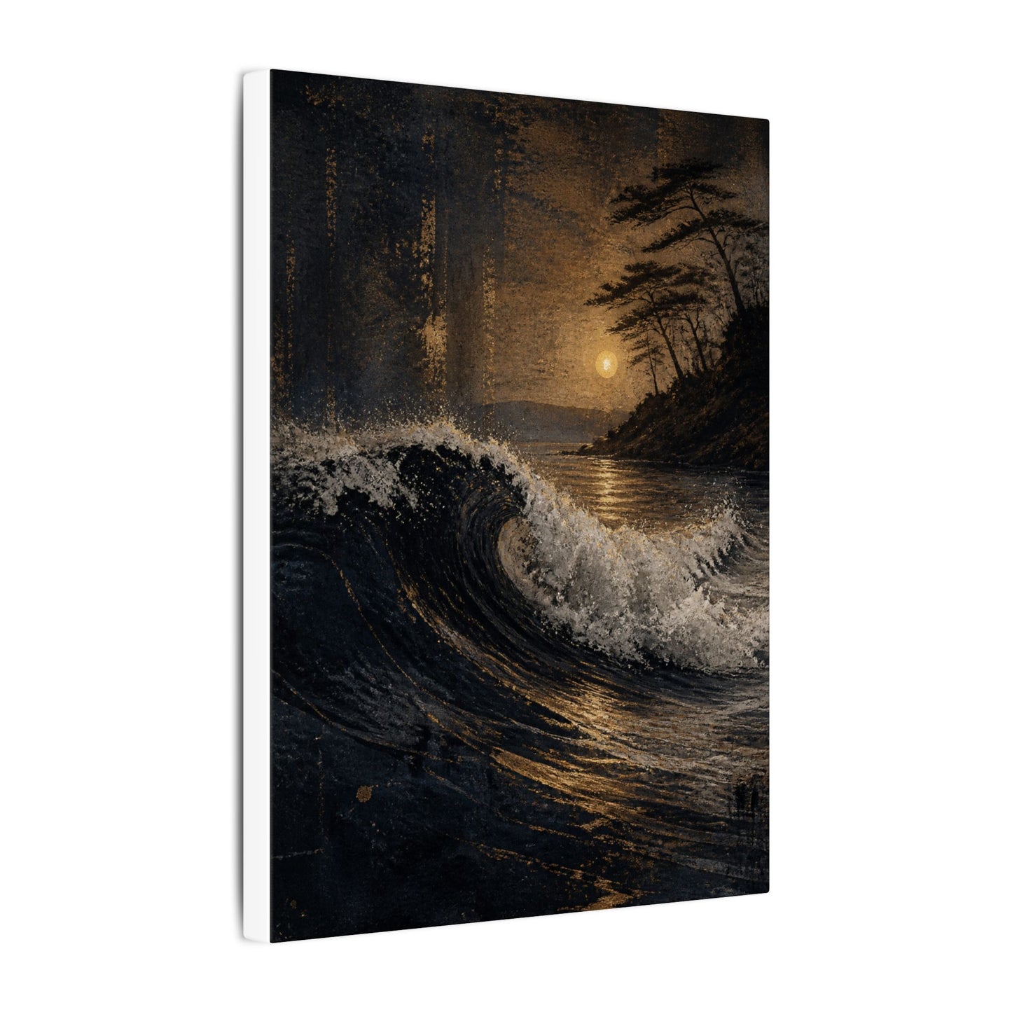 Ocean Wave Dark Texture Canvas Art | Bold Dark Japandi Art