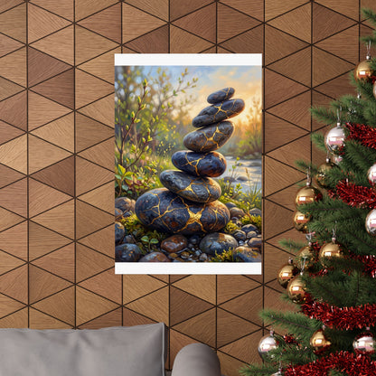 River Stones Wall Art Print | Spring Kintsugi Gold Repair Art
