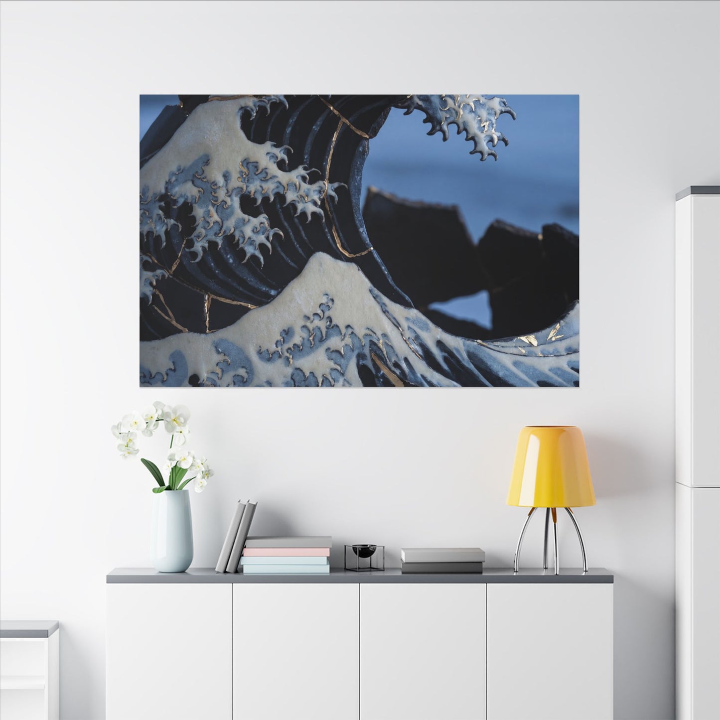 Ocean Wave Canvas Art | Winter Kintsugi Gold Repair Art