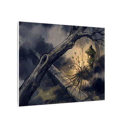 Dark Japandi Moonlit Garden in Golden Hour | Charcoal Ink Canvas Art
