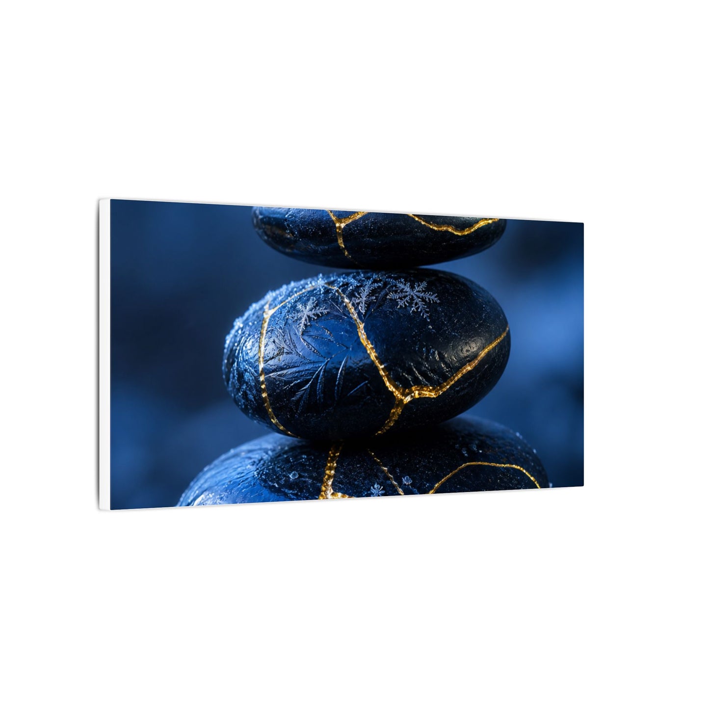 River Stones Canvas Art | Winter Kintsugi Gold Repair Art