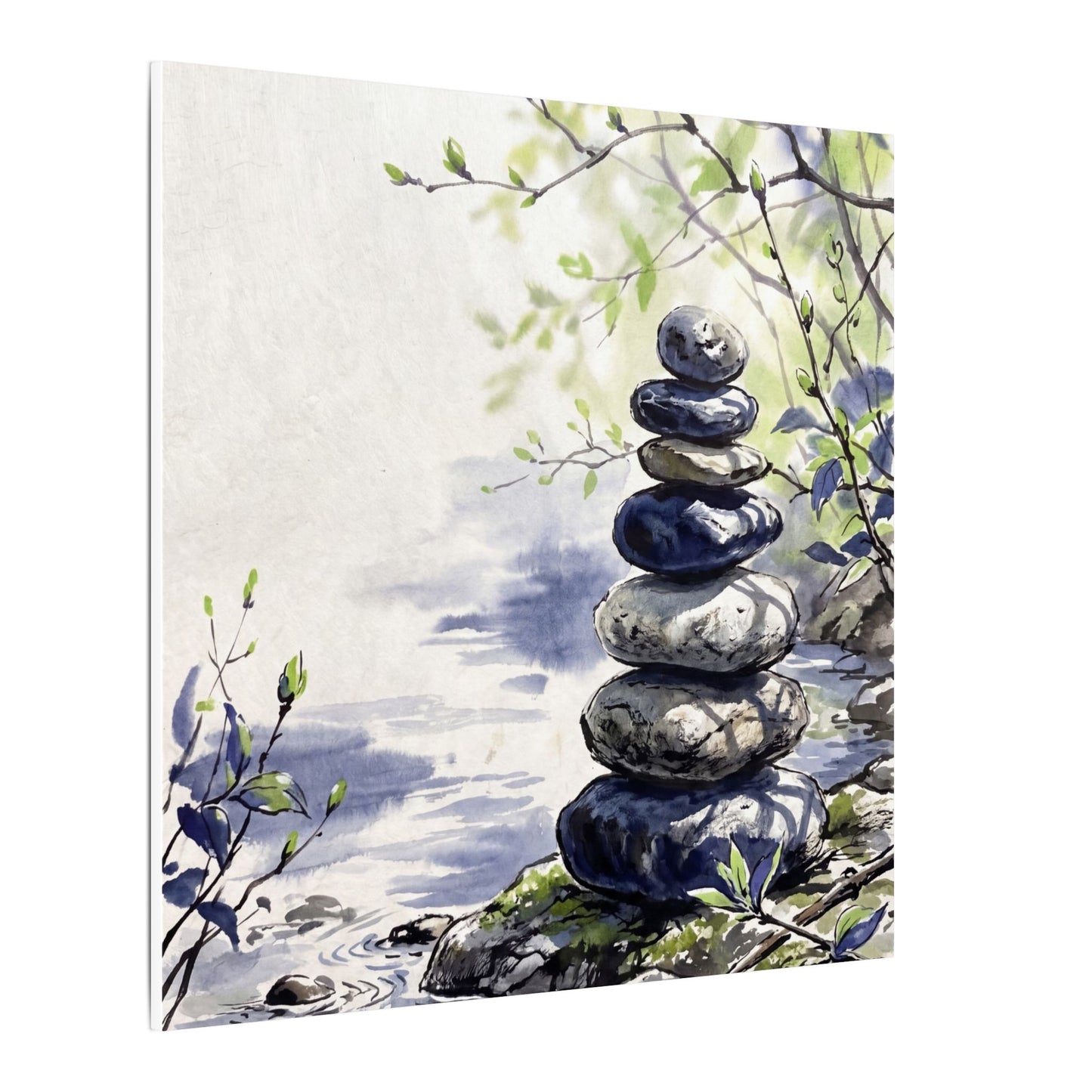 River Stones Sumi E Canvas Art | Serene Zen Art