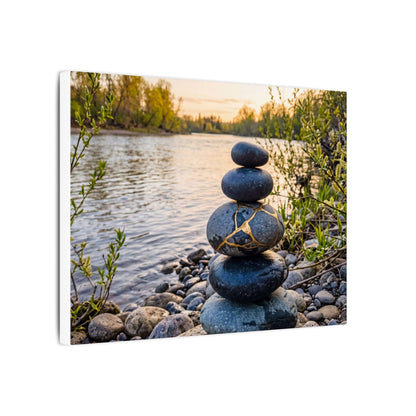 Kintsugi River Stones in Golden Hour | Gold Vein Canvas Art