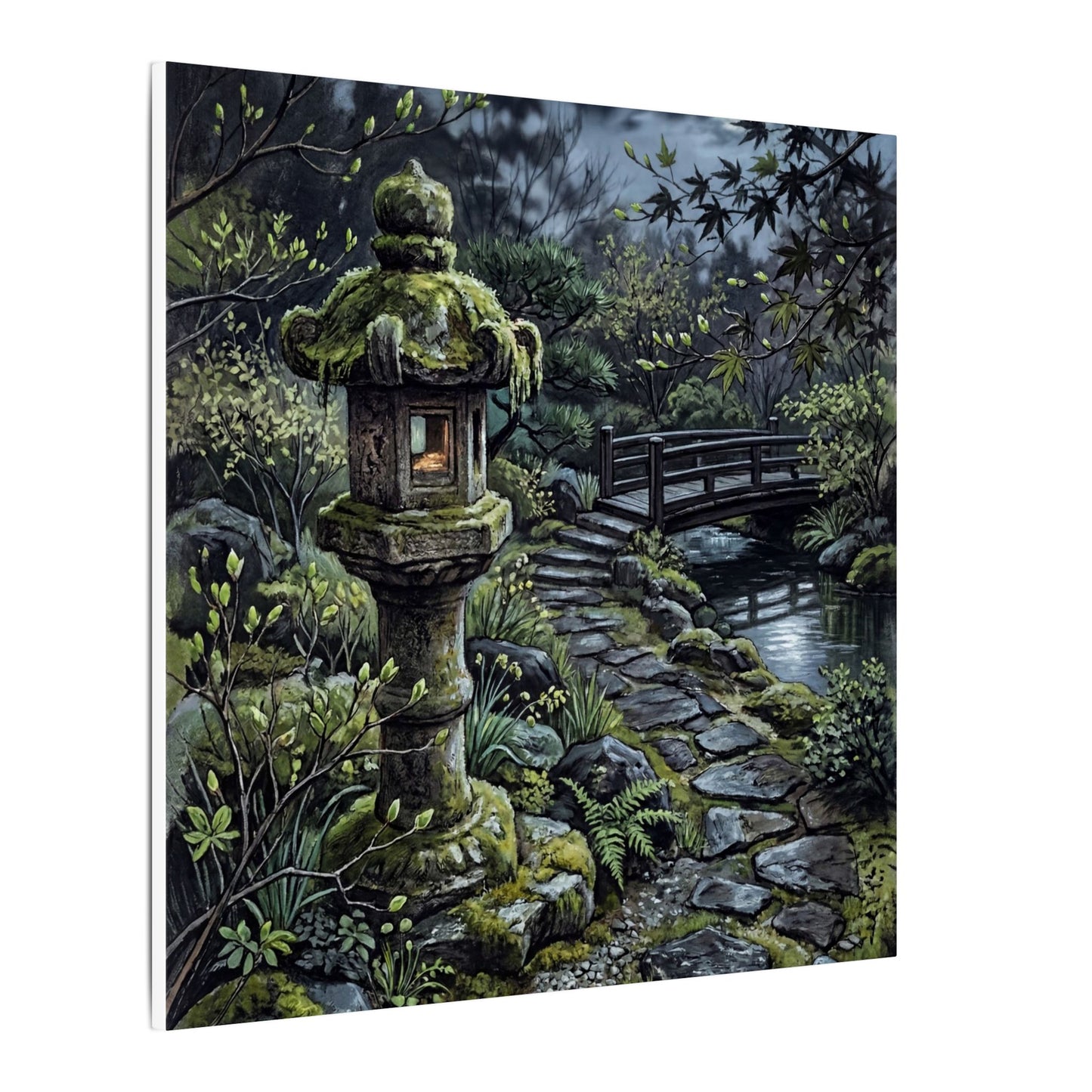 Japandi Stone Lantern in Moonlight | Texture Canvas Art