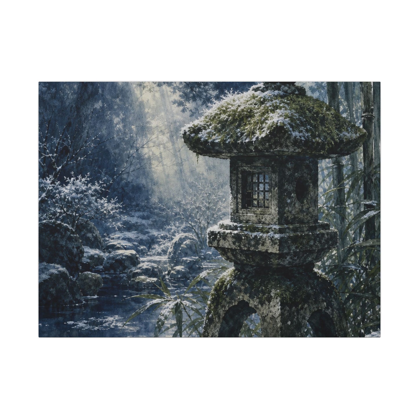Zen Stone Lantern in Dappled | Sumi E Canvas Art