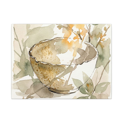 Spring Ceramic Bowl Watercolor Canvas Art | Neutral Decor